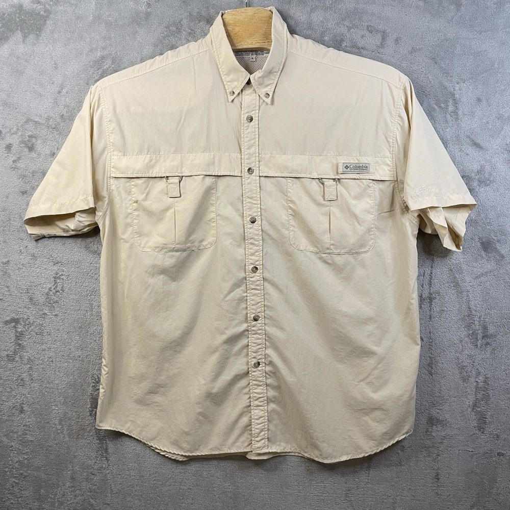 COLUMBIA PFG Yellow‎ Tan Fishing Short Sleeve Button Up Shirt Omni Shade XL